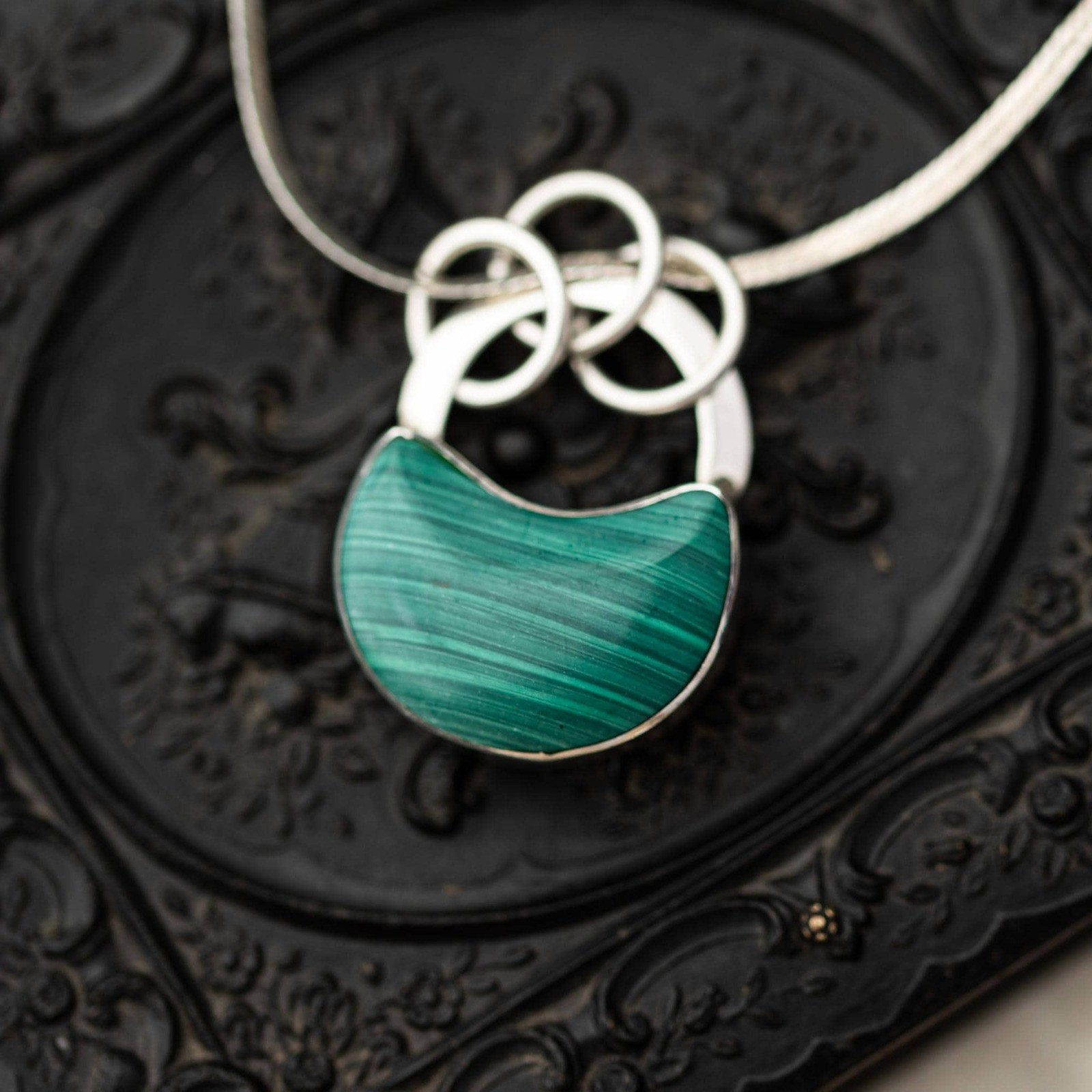 Vintage Malachite Padlock Pendant Necklace Sterling Estate Jewelry