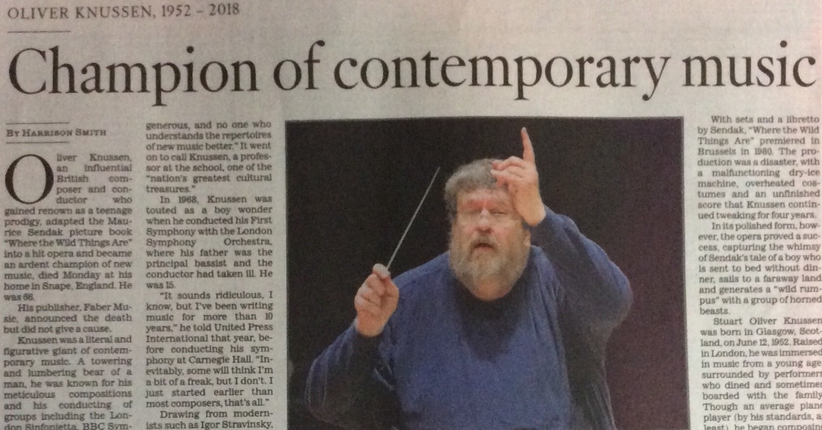 OLIVER KNUSSEN 1952- 2018 OBITUARY BRITISH COMPOSSER CHAMPION CONTEMPORARY MUSIC