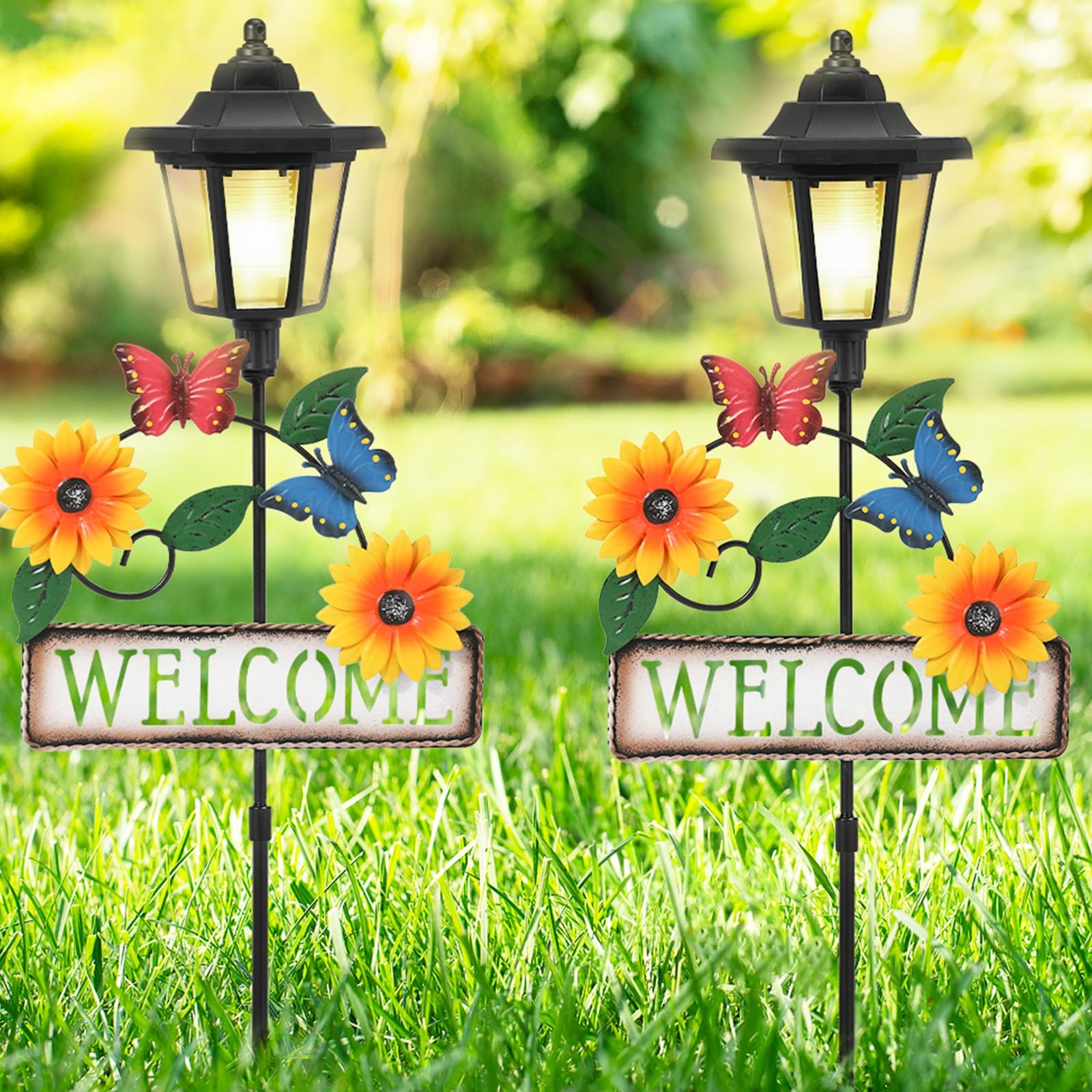 Solar Garden Lights with Welcome Sign & Butterflies 2 Pack, Waterproof Outdoor