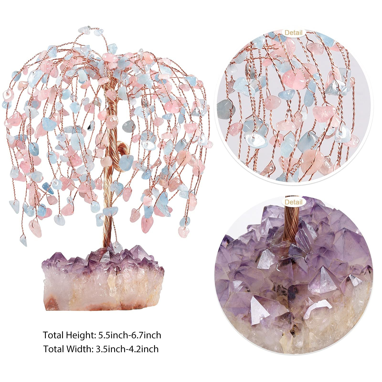 SUNYIK Rose Quartz and Aquamarine Healing Crystal Money Tree Set on Pink/Blue