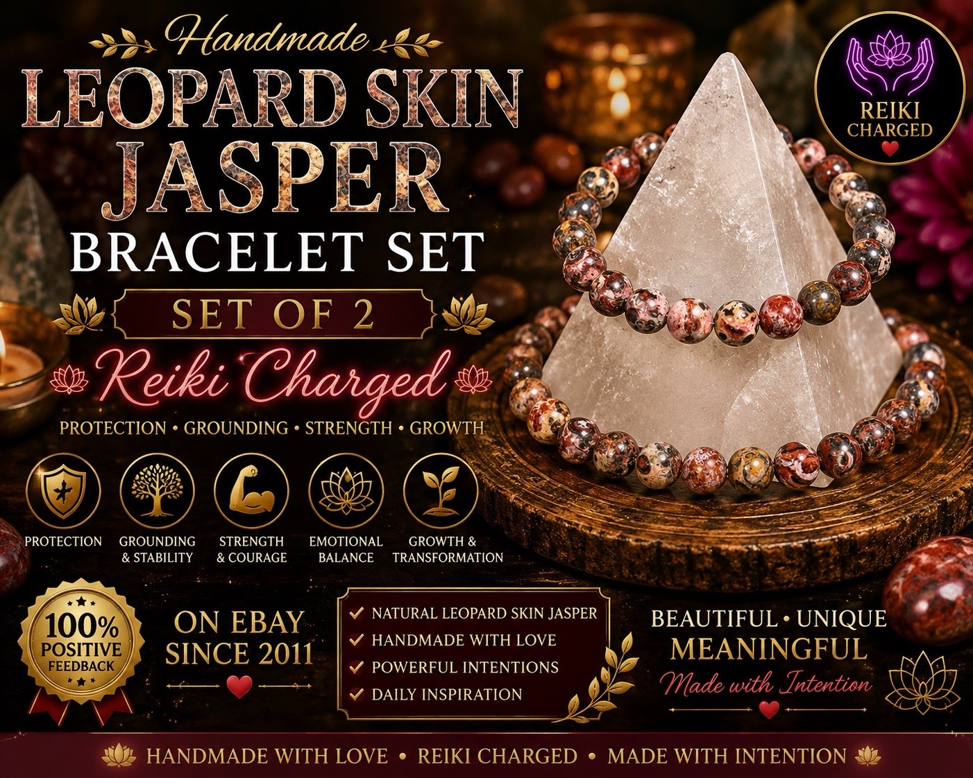Leopard Skin Jasper Bracelet Set of 2 Reiki Charged Protection Good Luck Fortune