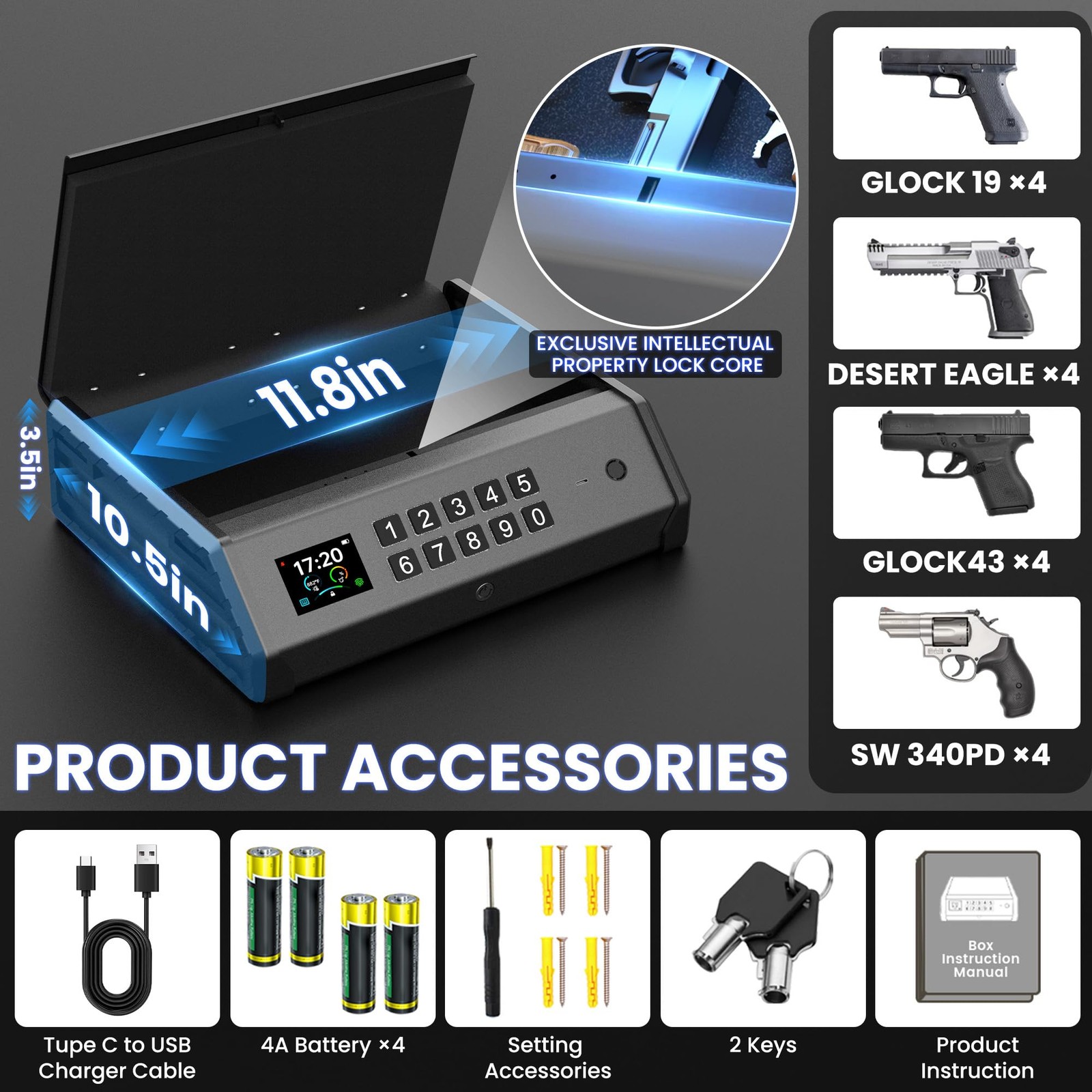 Gun Safe,3 Ways Biometric Pistol Safe with LCD Display of Temperature Humidity U