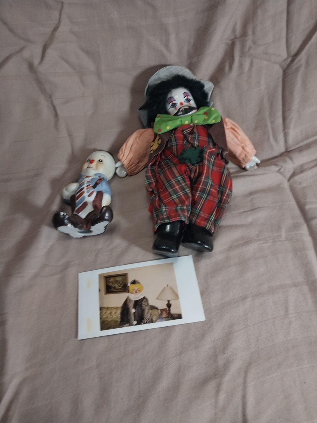 Vintage Porcelain Clown Doll With Figurine And Creepy Photo