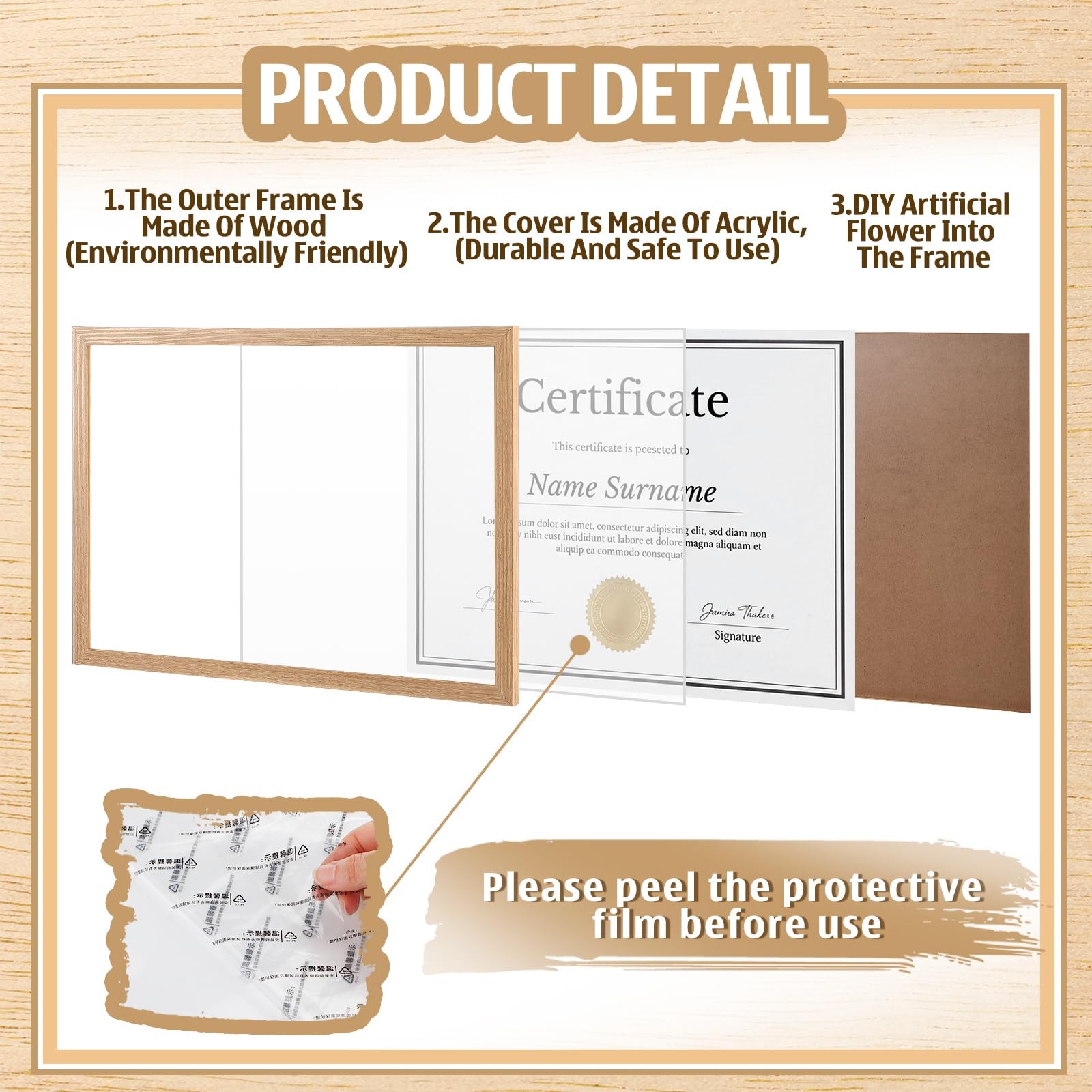 15 x 11 Inch Certificate Frame with Pressed Flowers Self-adhesive Wood DIY Diplo