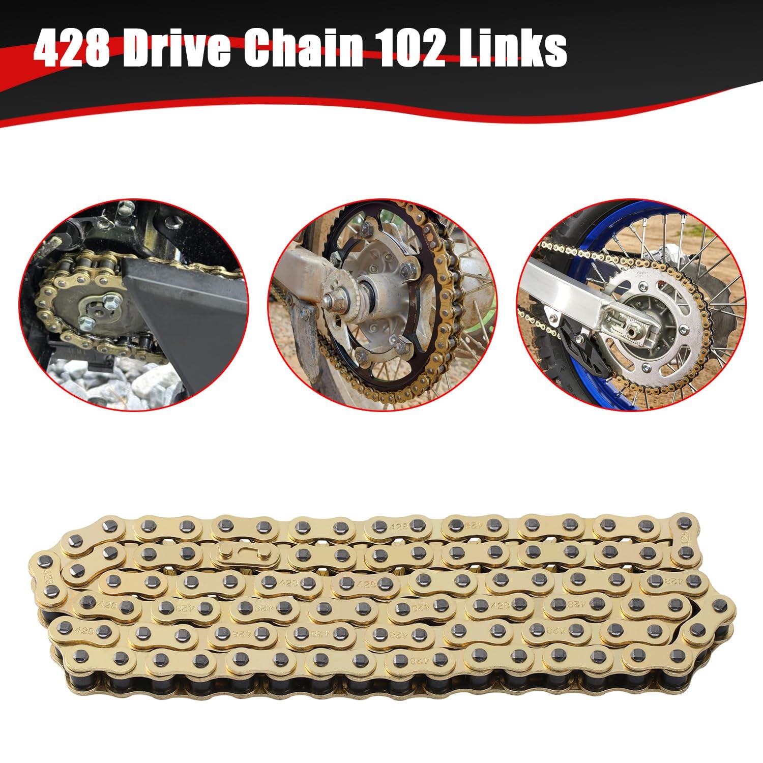 KAMIER 428 Drive Chain 102 Links Gold with Chain Breaker for 50cc 70cc 90cc 110c