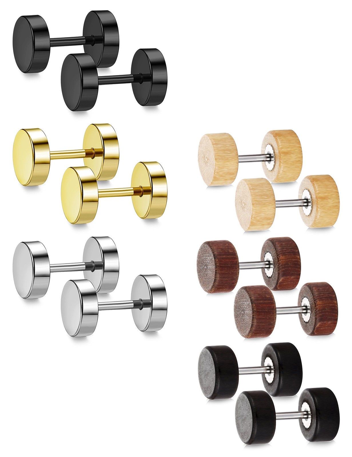 FIBO STEEL 6 Pairs Stud Earrings 6 millimeters, A:Wood and Steel Earring 6MM
