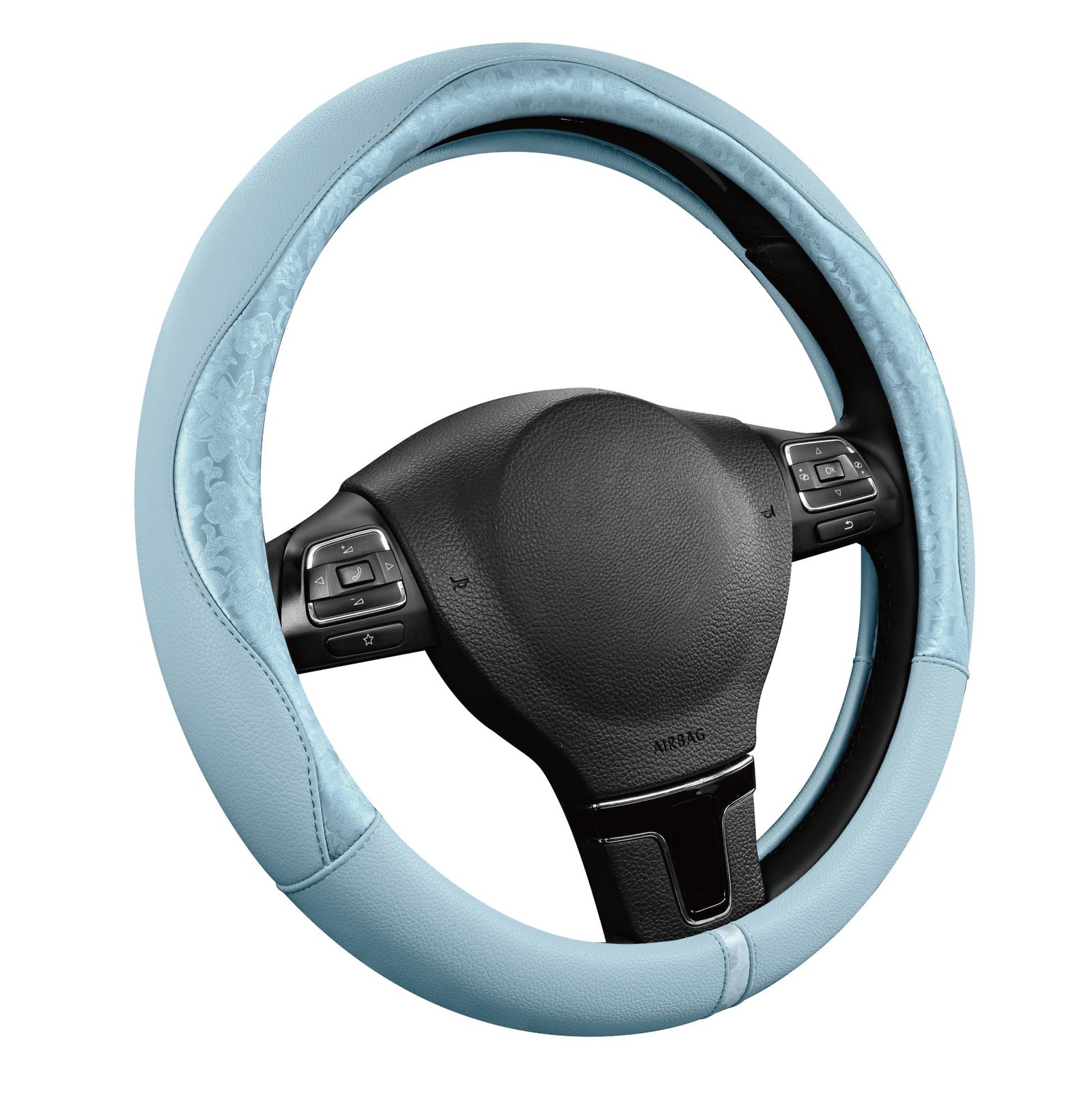 PIC AUTO Light Blue Patterned Leather Steering Wheel Cover 14.5-15.5″