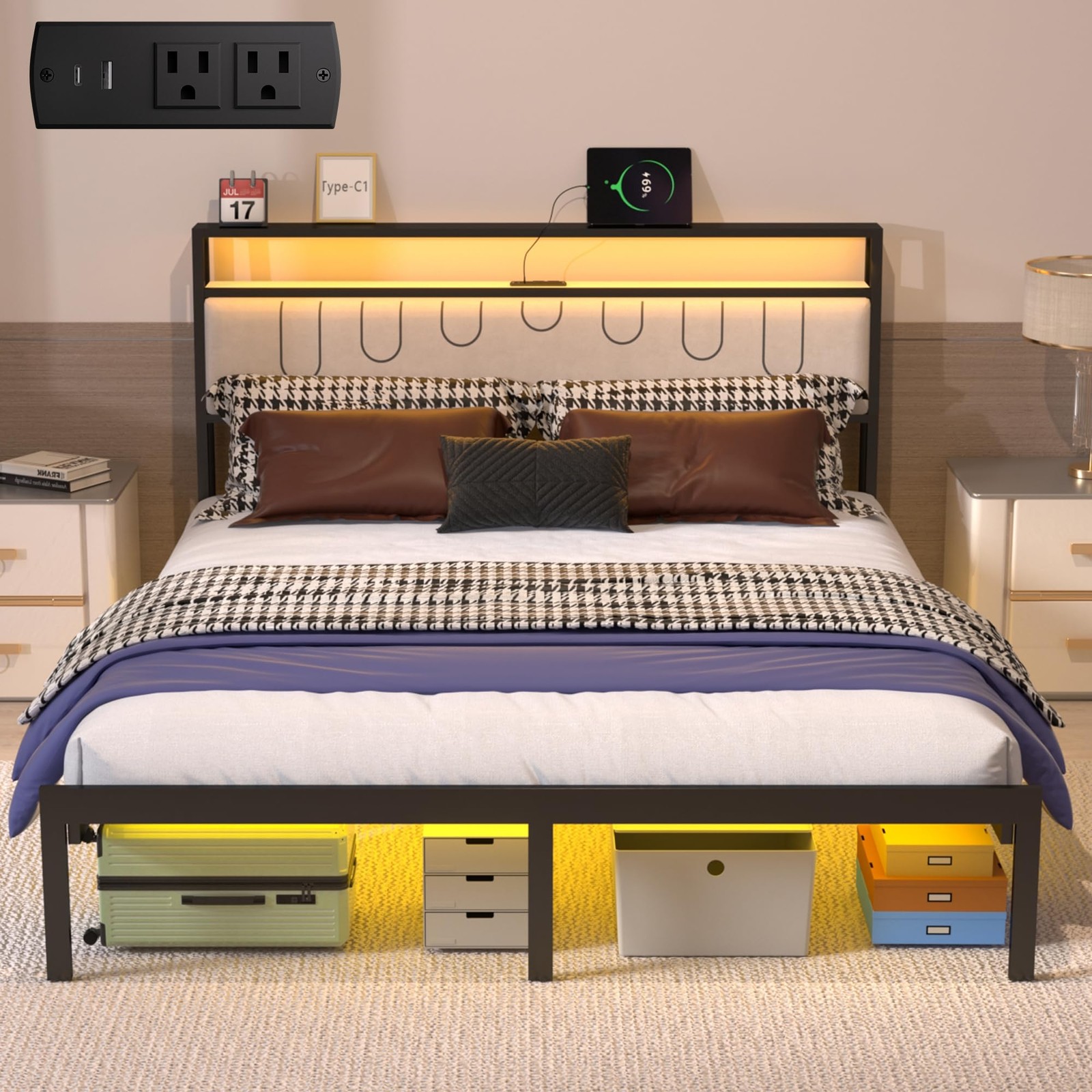 J.Fkne Full Bed Frames with Charging Station and LED Lights, Full, Black