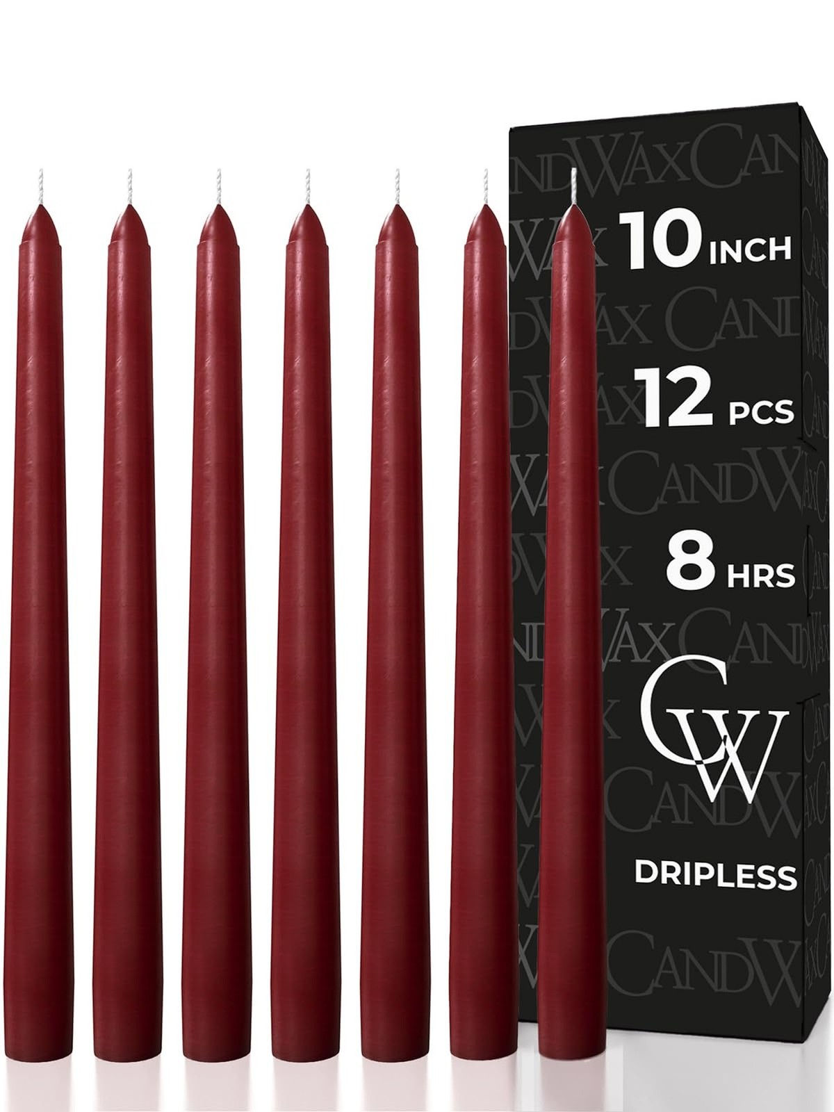 CANDWAX 10 inch Burgundy Taper Candles Set of 12 – Unscented Dripless Burgund…