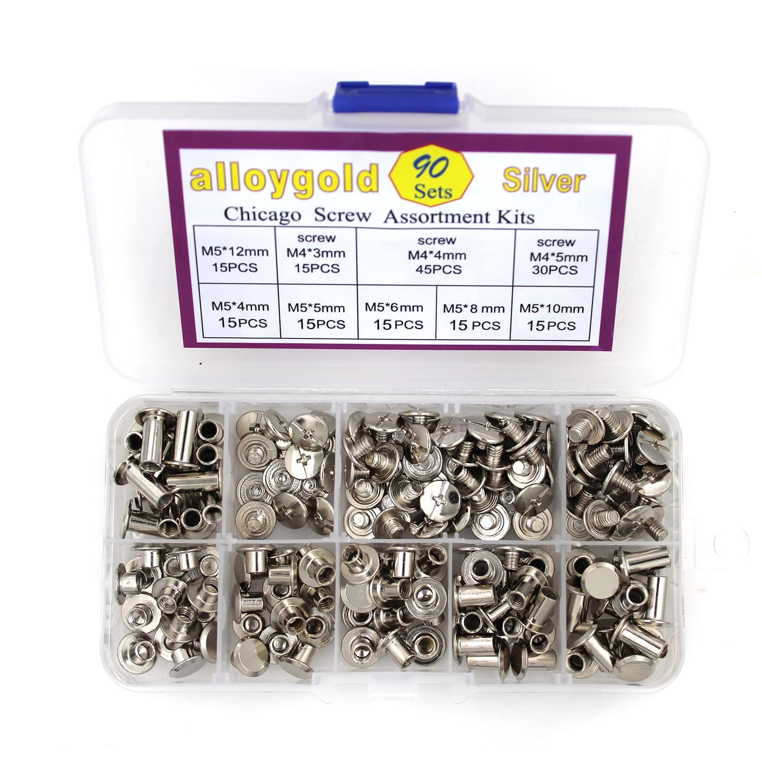 90 Sets Silver Chicago Screws Leather Assorted Kit M5*4.5.6.8.10.12mm,