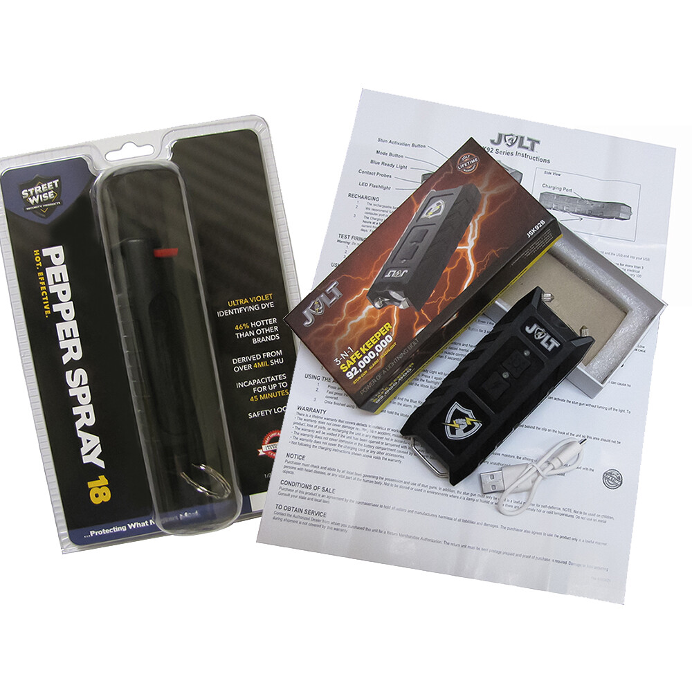 Jolt SafeKeeper 3-N-1 Stun Gun 92mv + Streetwise PEPPER SPRAY Self Defense Set