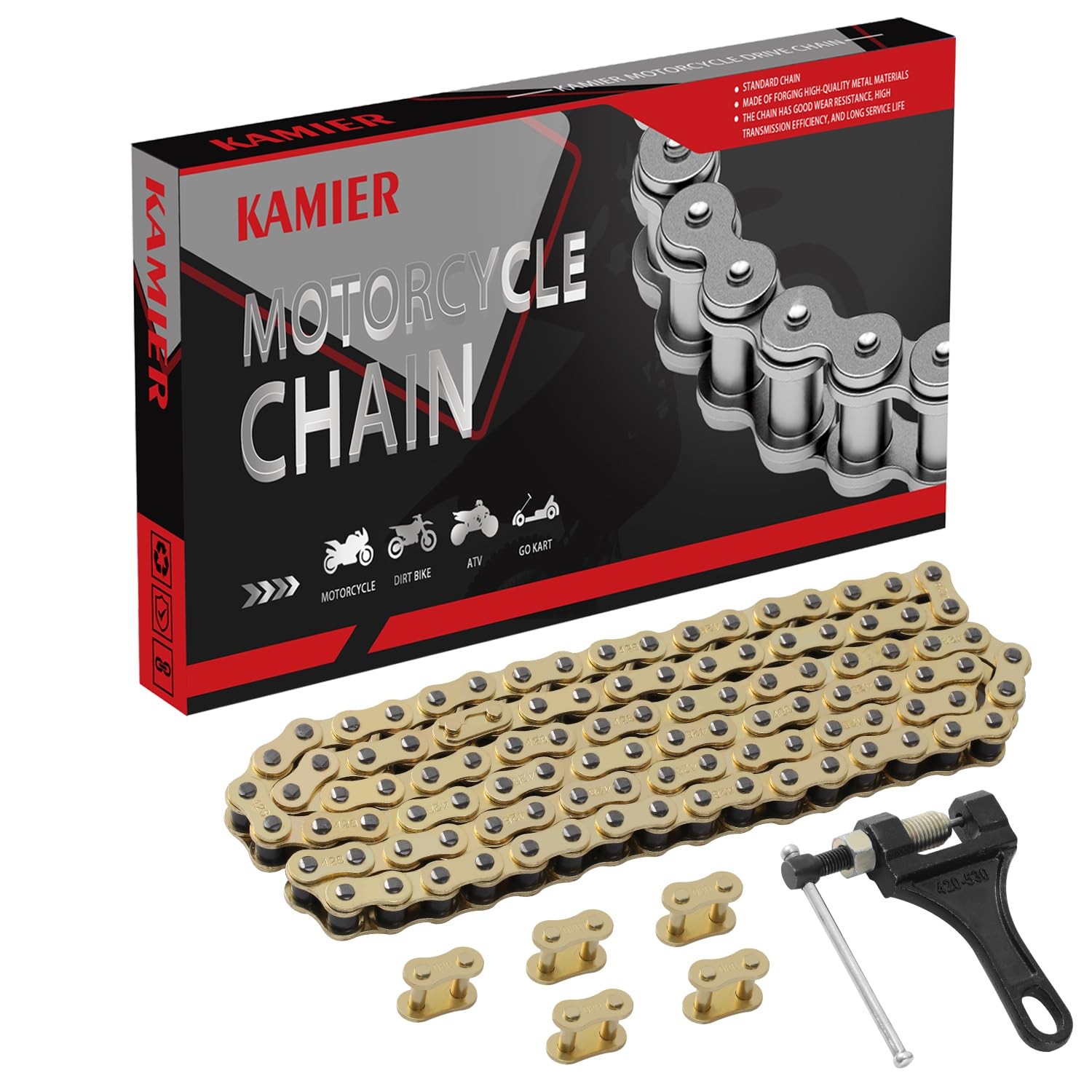 KAMIER 428 Drive Chain 102 Links Gold with Chain Breaker for 50cc 70cc 90cc 110c