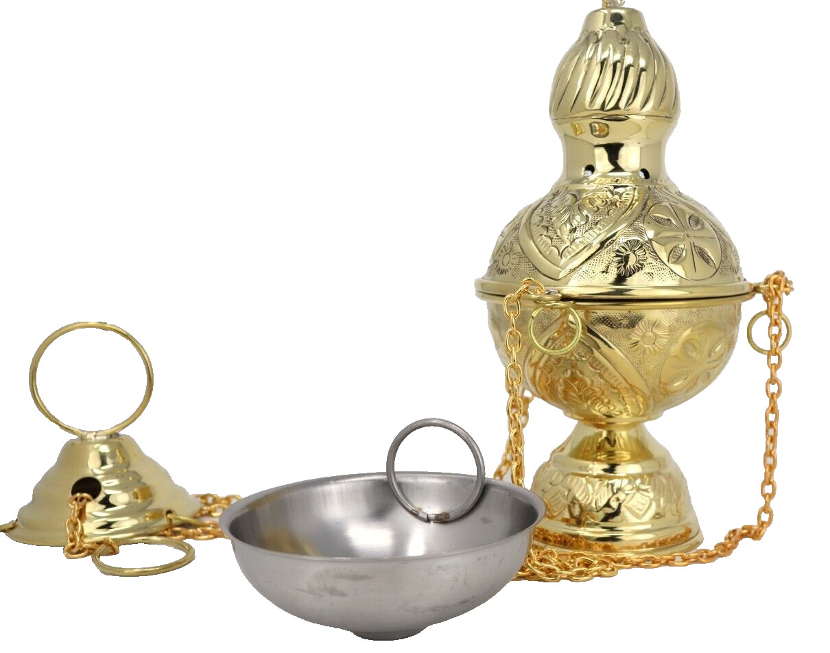 Polished Brass Hanging Incense Burner Embossed Cross Censer Without Bells 9 In