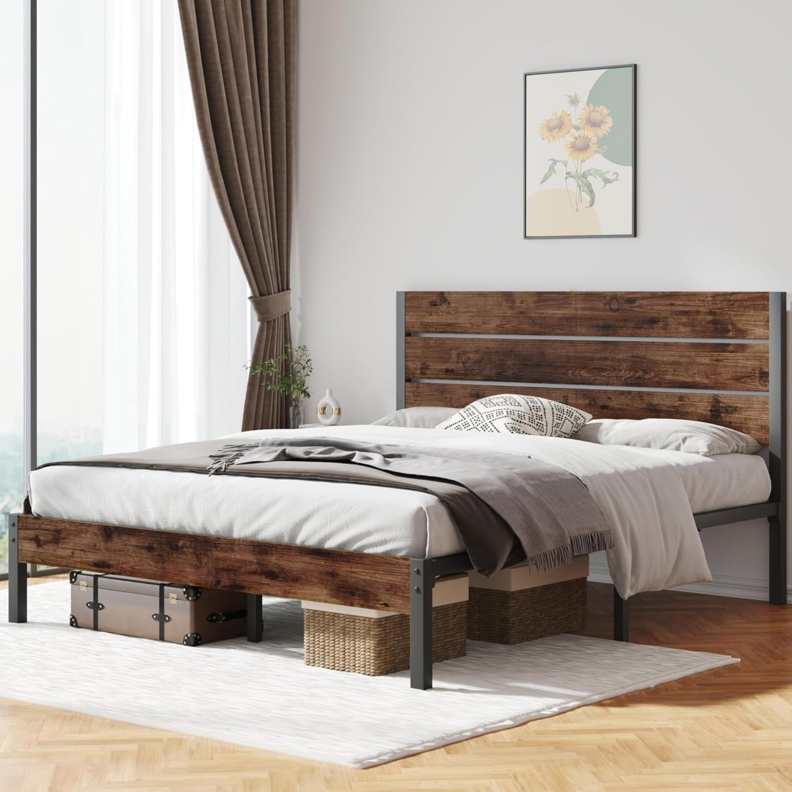 Fluest Queen Bed with Headboard and Footboard, Under Queen, Retro Brown
