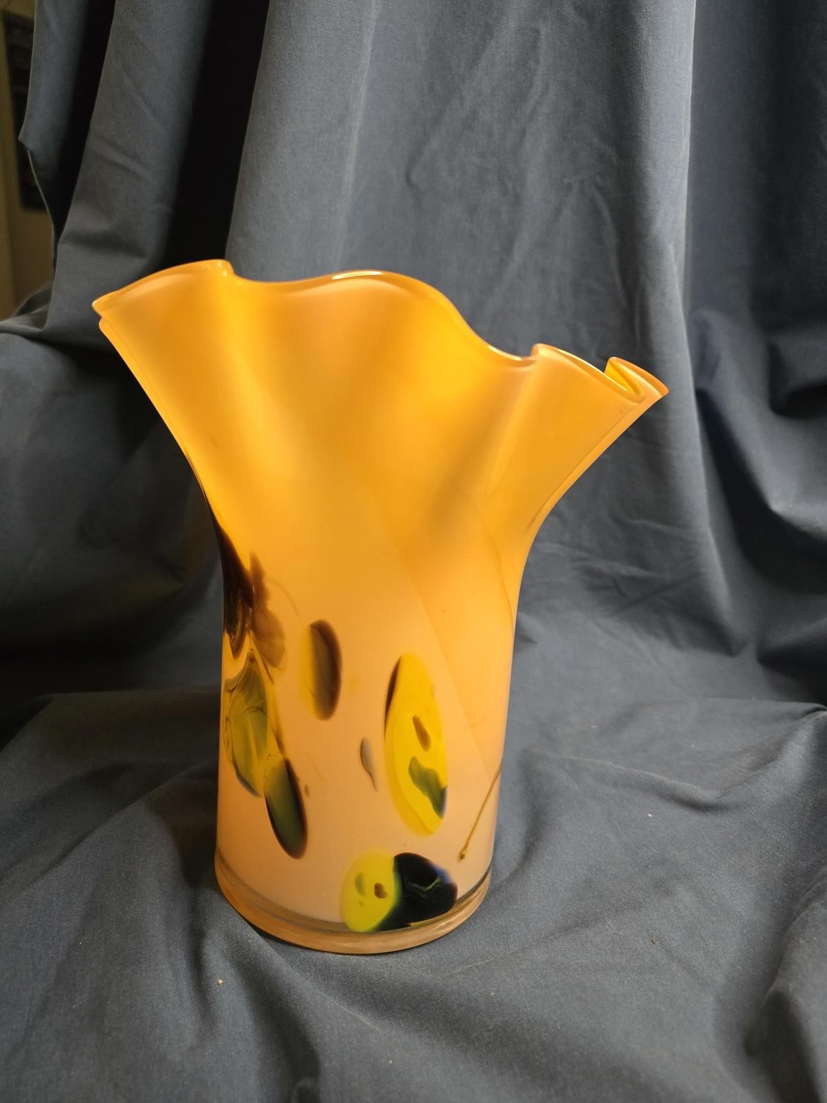 Vintage Murano Style Handkerchief Art Glass Vase Orange Green Ruffled Hand Blown