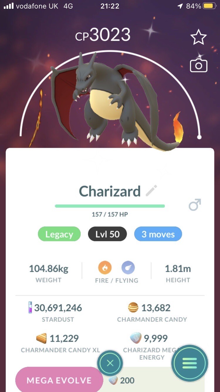 Pokémon Trade Go Level 50- Shiny Charizard 3 Moves With Legacy Move Blast Burn