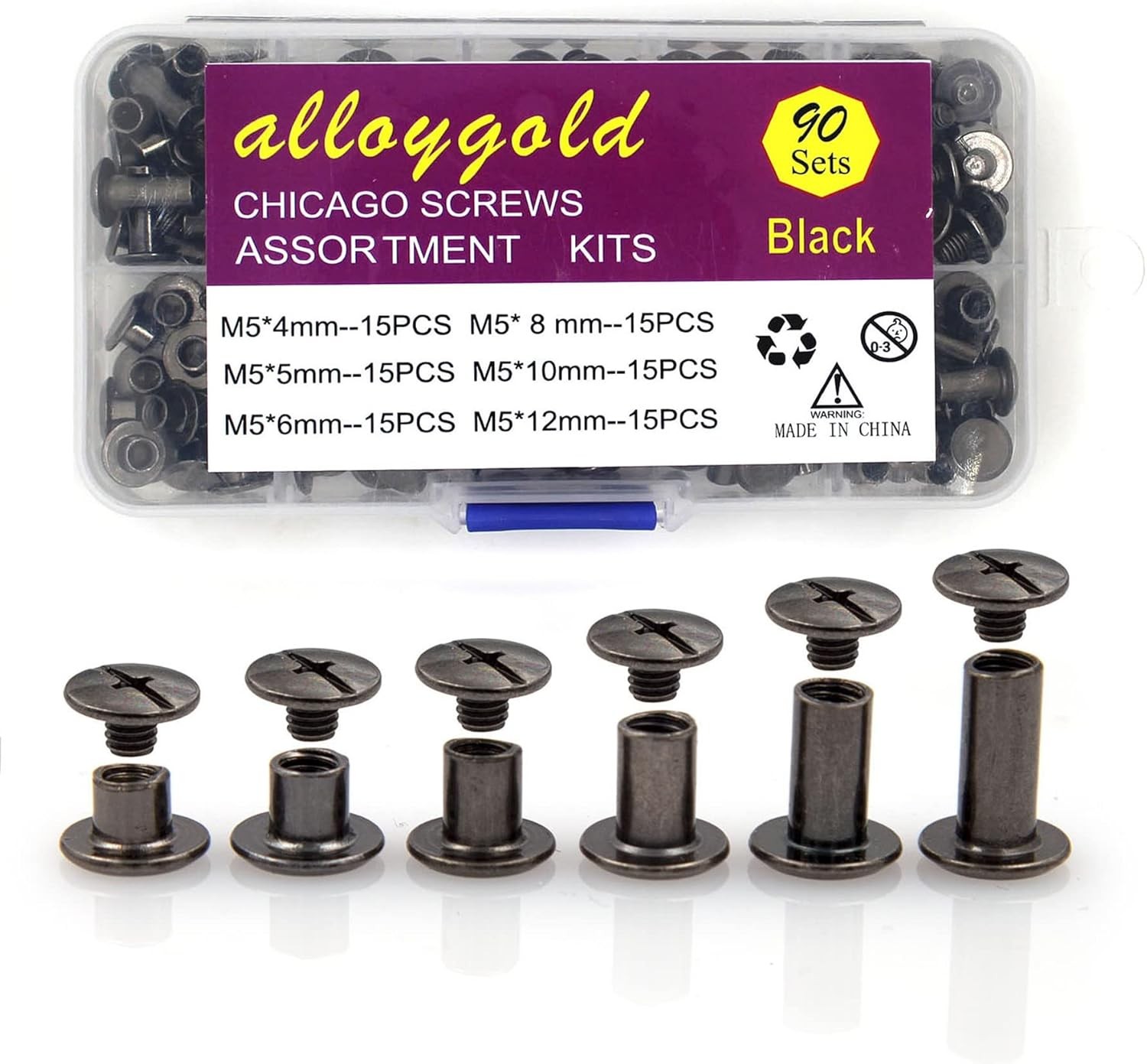 90 Sets Black Chicago Screw Leather Assorted M5*4.5.6.8.10.12mm, Gun black