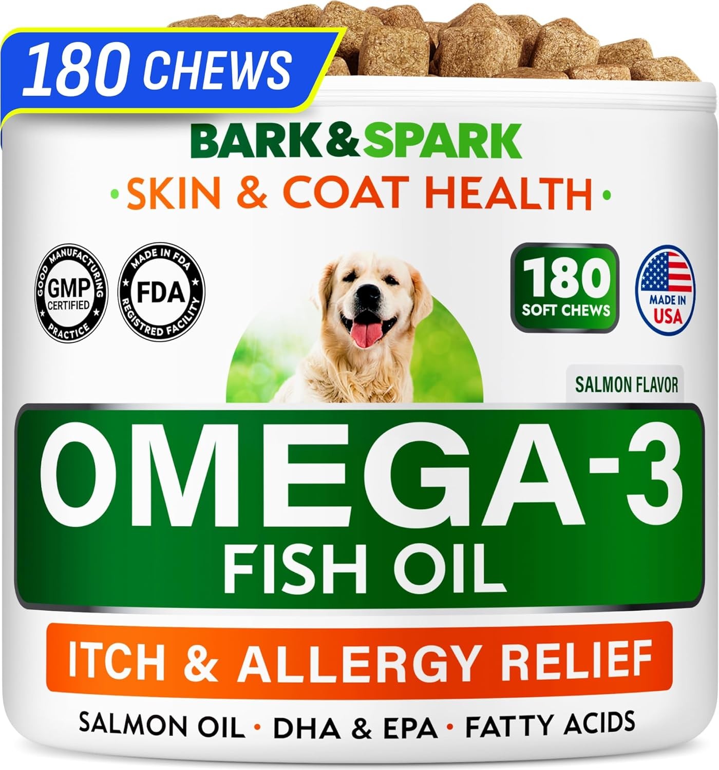 BARK&SPARK Omega 3 for Dogs – 180 Fish Oil 180Ct – Salmon, Skin Health