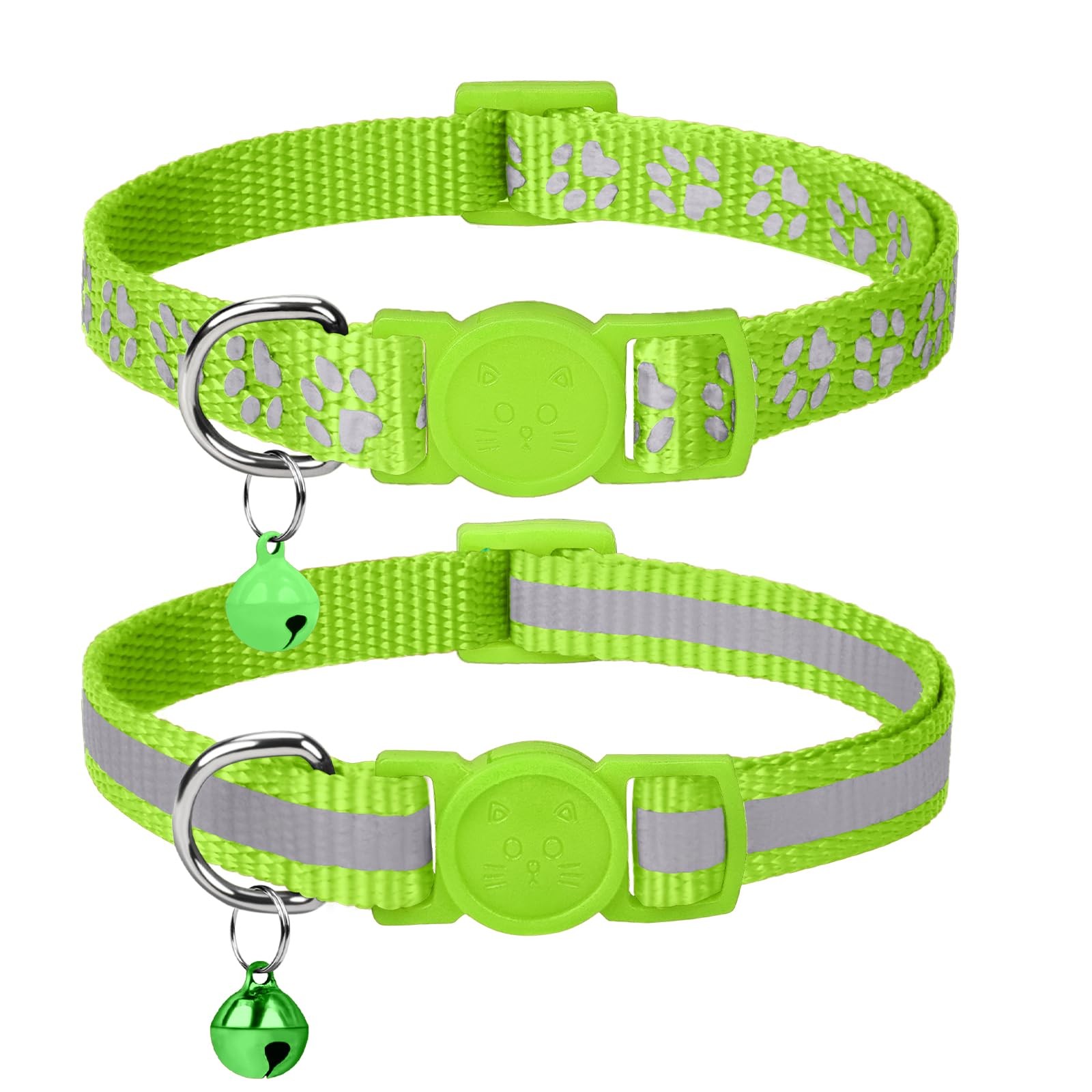 Taglory Reflective Cat Collar Breakaway with Bells, 2 Pack 7.5-12.5″, Green