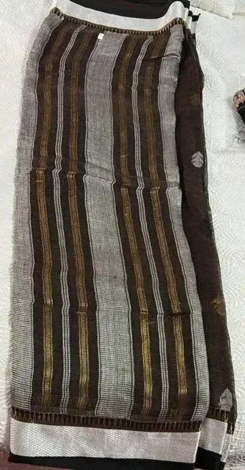 Brown Pure Linen Banarasi Saree with Hand Weave & White Zari