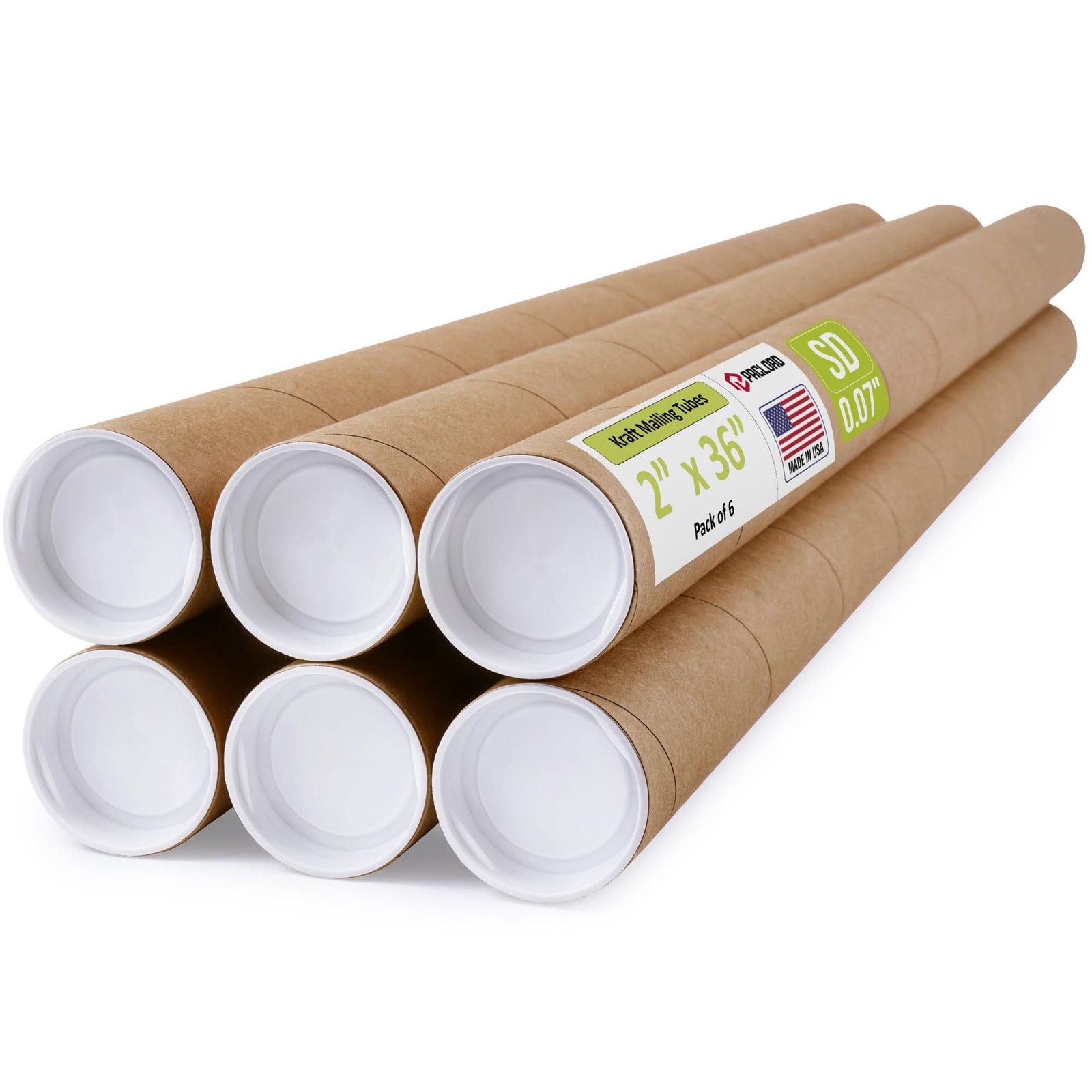 2″ x 36″ Reinforced Kraft Paper Mailing Tubes, Pack of 6 Tubes with 2 Caps Each