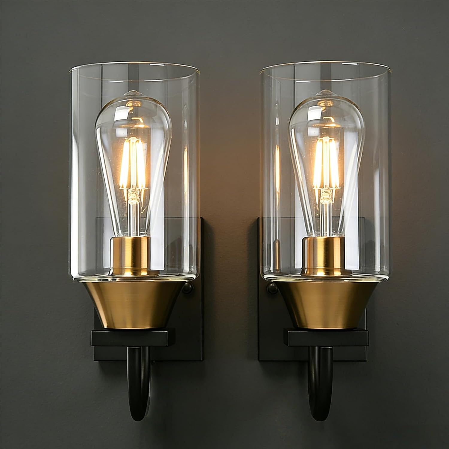 Black & Gold Wall Sconces Set of 2,Glass Bathroom Light Fixtures | Modern wall l
