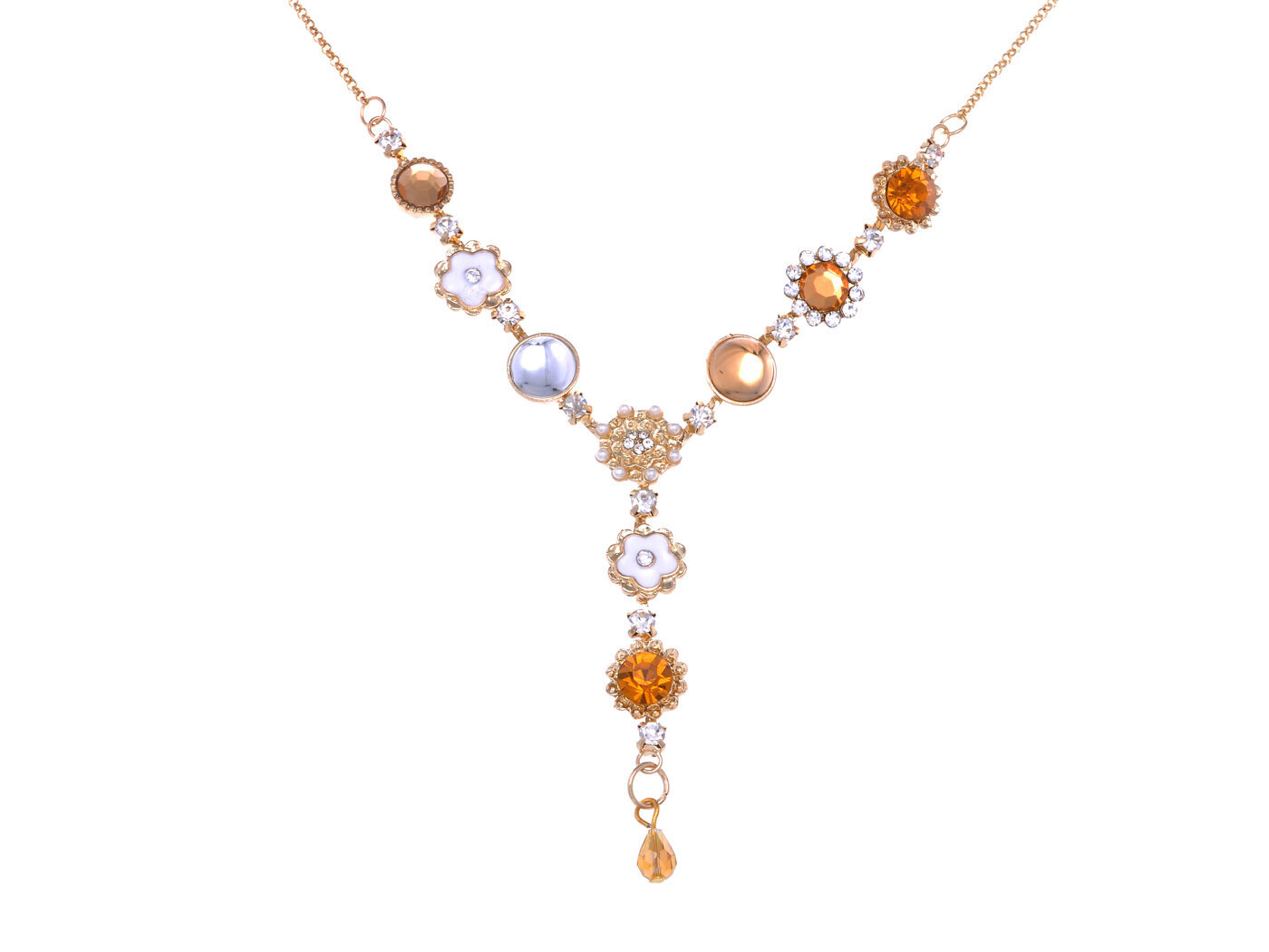 Gold- Metal Alloy Topaz Crystal Rhines Dainty Flowers Y-Shaped New Necklace