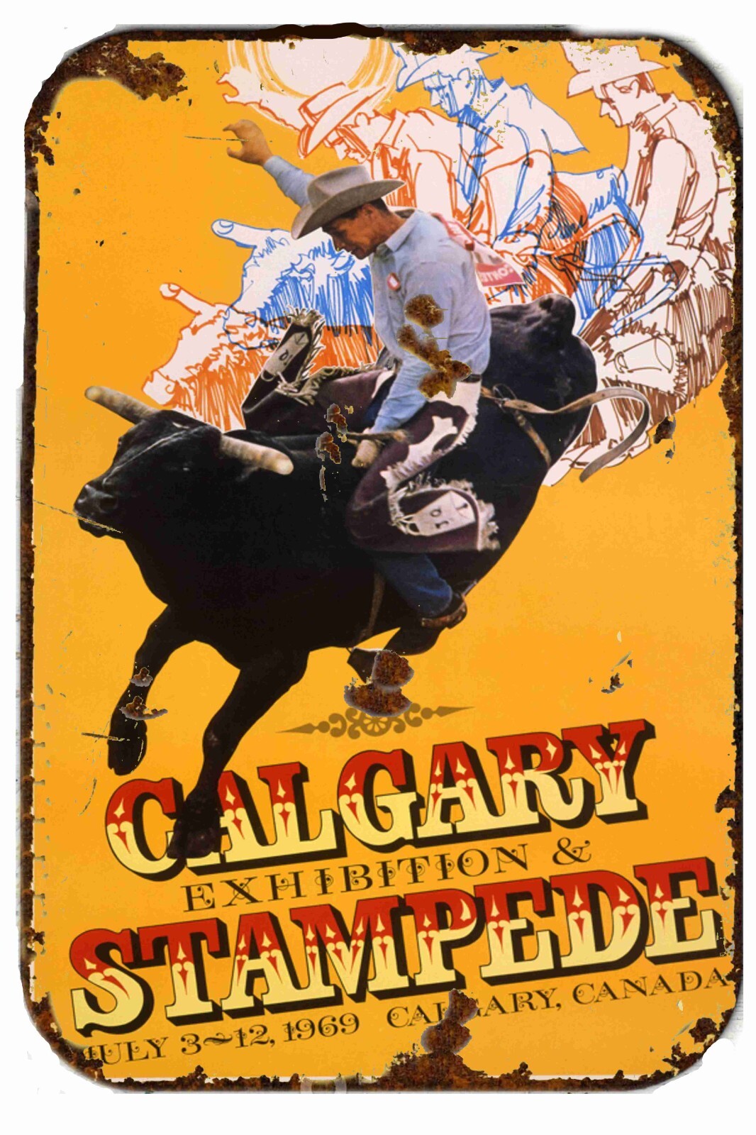 Vintage Calgary Stampede Rodeo Metal Tin Sign Broncs Bull Roping Poster