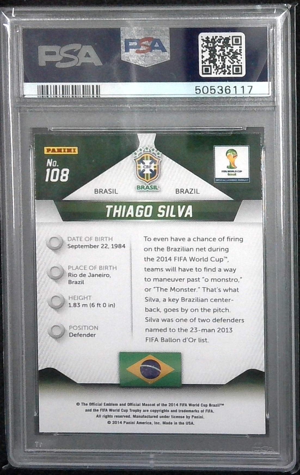 Panini Prizm World Cup Soccer 2014 #108 Thiago Silva PSA 9 Mint