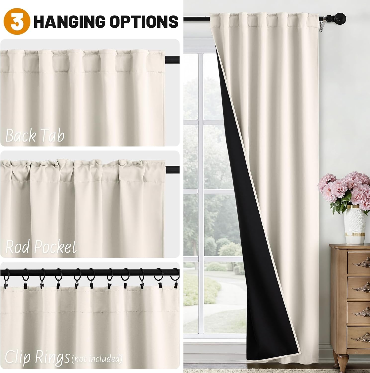 SimpleHome 100% Blackout 63 Inch Cream Curtains for Living Room