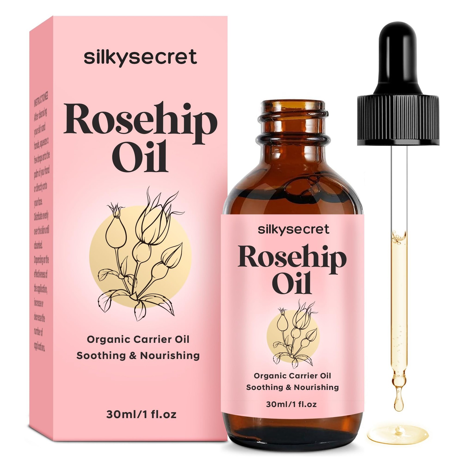 SilkySecret Organic Rosehip Oil (1 fl oz), Cold Pressed 1 Fl Oz (Pack of 1)