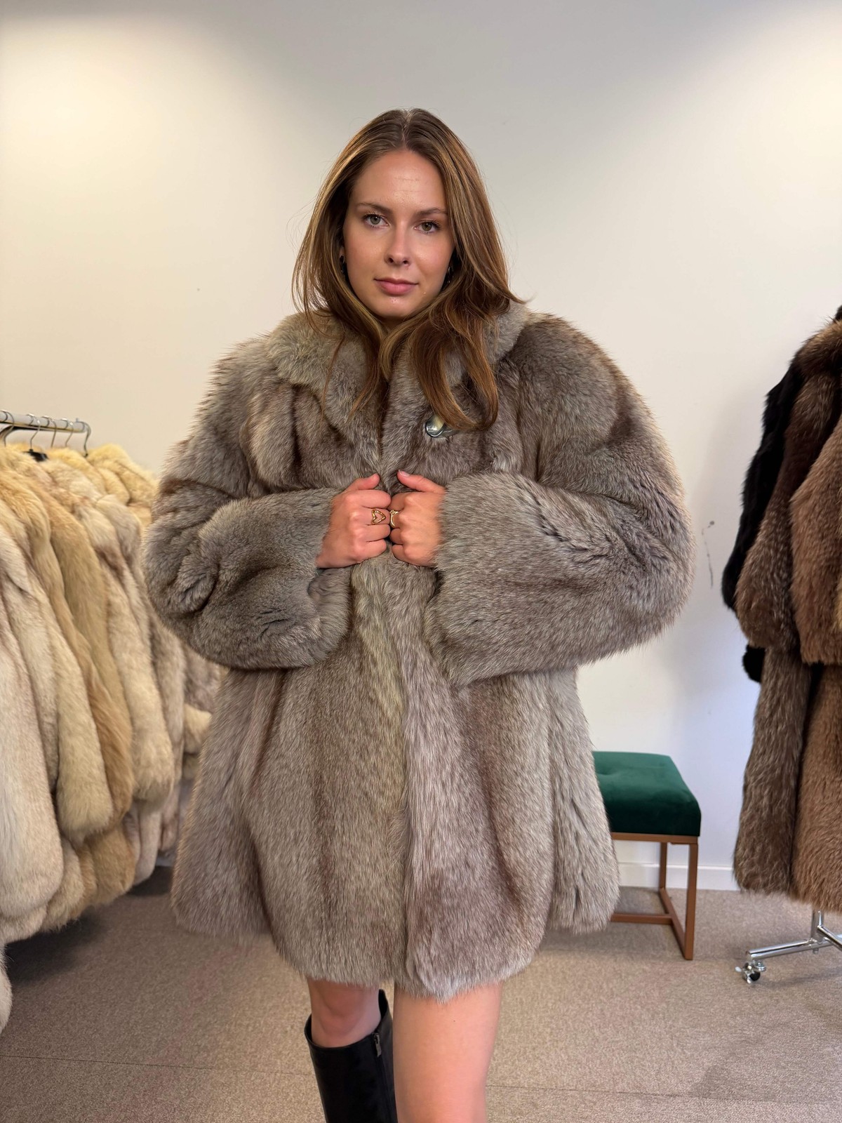 Blue Fox Fur Coat, Light Blue, Size M