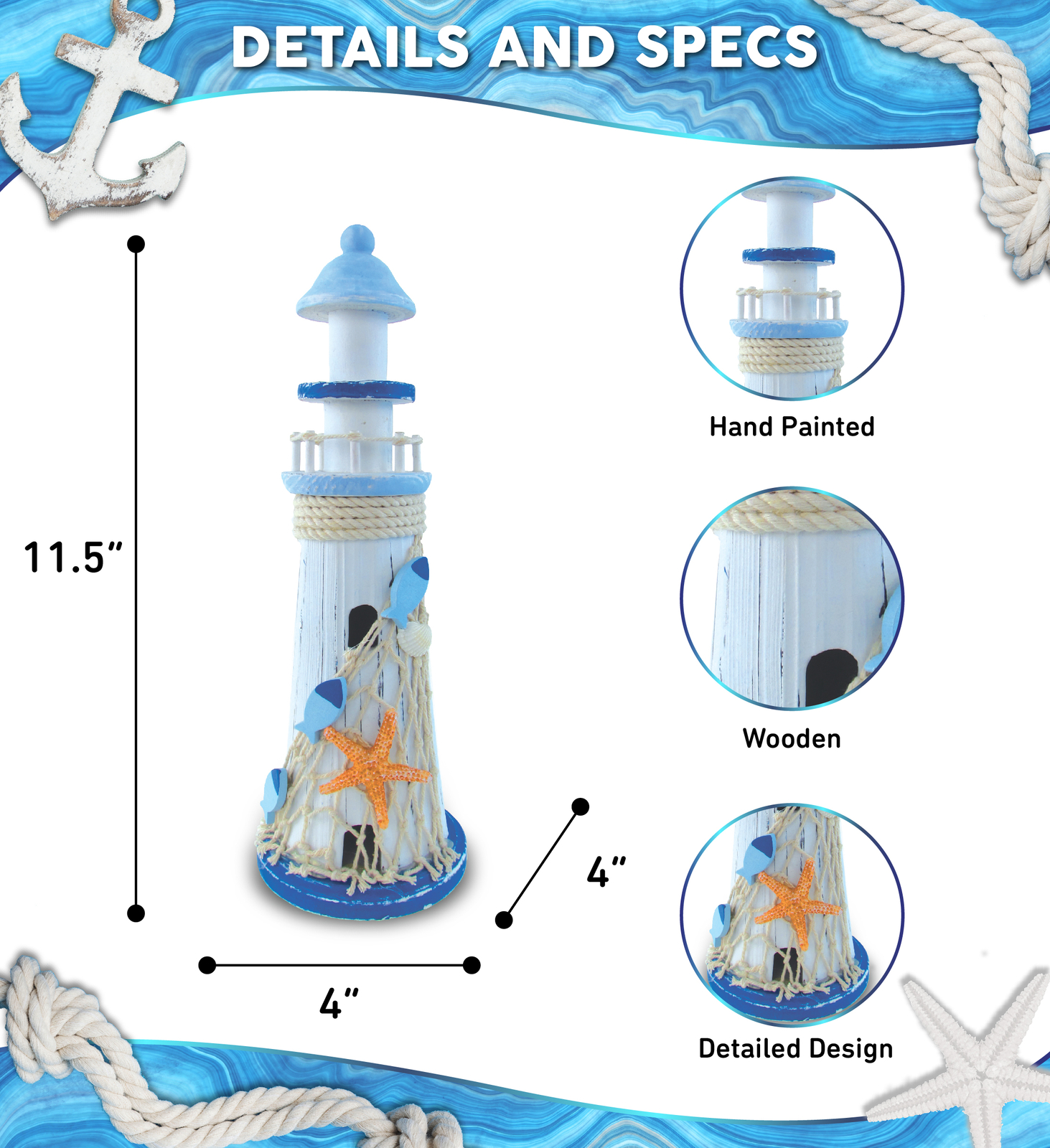 CoTa Global Light Blue Stripes Lighthouse Decor with Starfish – 11.5 Inches