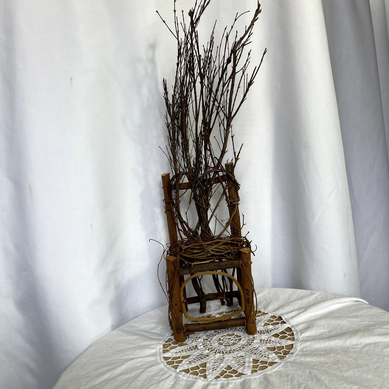 SKU 1617 Handmade Stick Chair 5x5x20 Heart Branch Wood Vintage Rustic Wiccan
