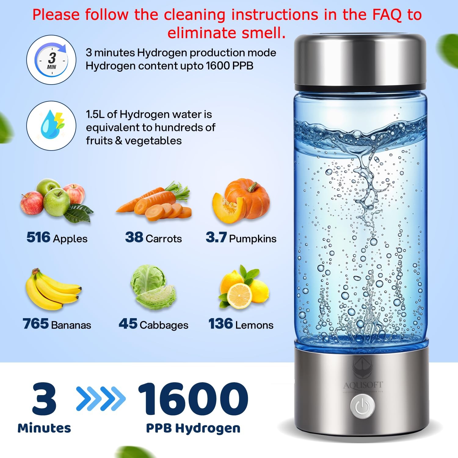 AQUSOFT 14.2 oz/420ml Portable Hydrogen Water Bottle with SPE-PEM Technology Typ