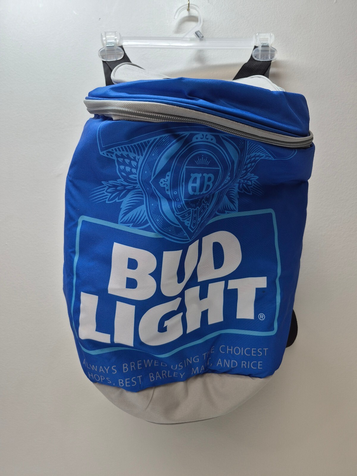 Bud Light Branded Blue and Gray Backpack Cooler with Built-in Speaker B427
