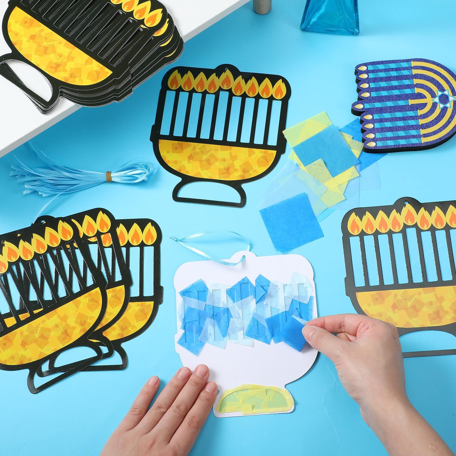 Mooliwe 24 Sets Hanukkah Menorah Tissue Sign Craft Kit 6.3 Inches, Blue