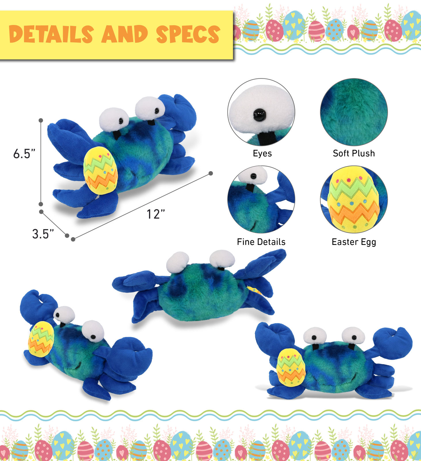 DolliBu Super Soft Blue Tie-Dye Crab with Yellow Easter Egg Plush – 12 Inches