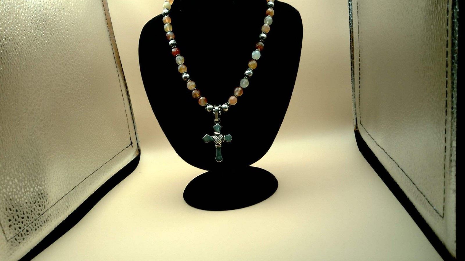 Vintage signed [JR] Mexico 925 Sterling Silver Cross Beaded Necklace