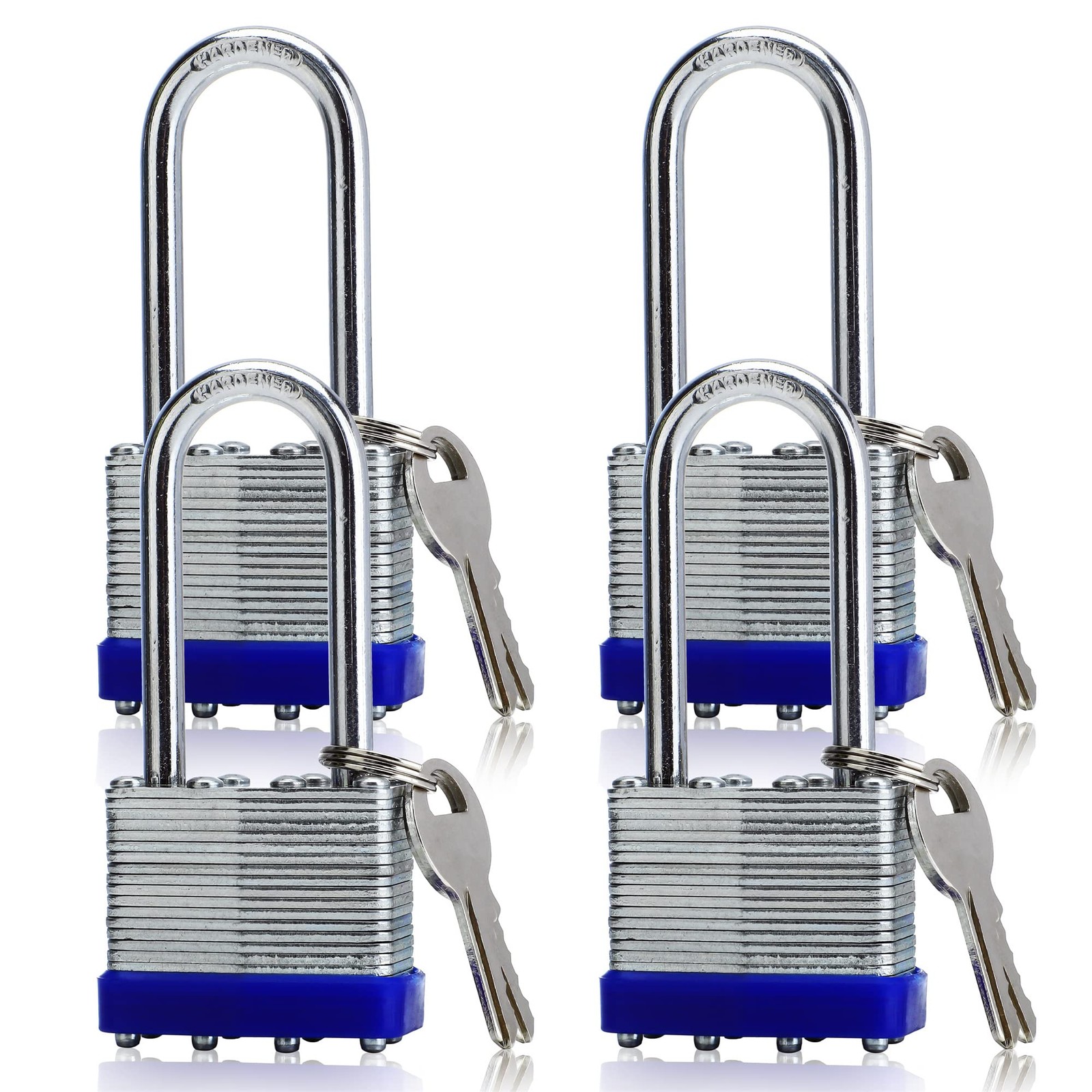 4 Pack Outdoor Padlocks with Keys Long Shackle Keyed Alike Blue