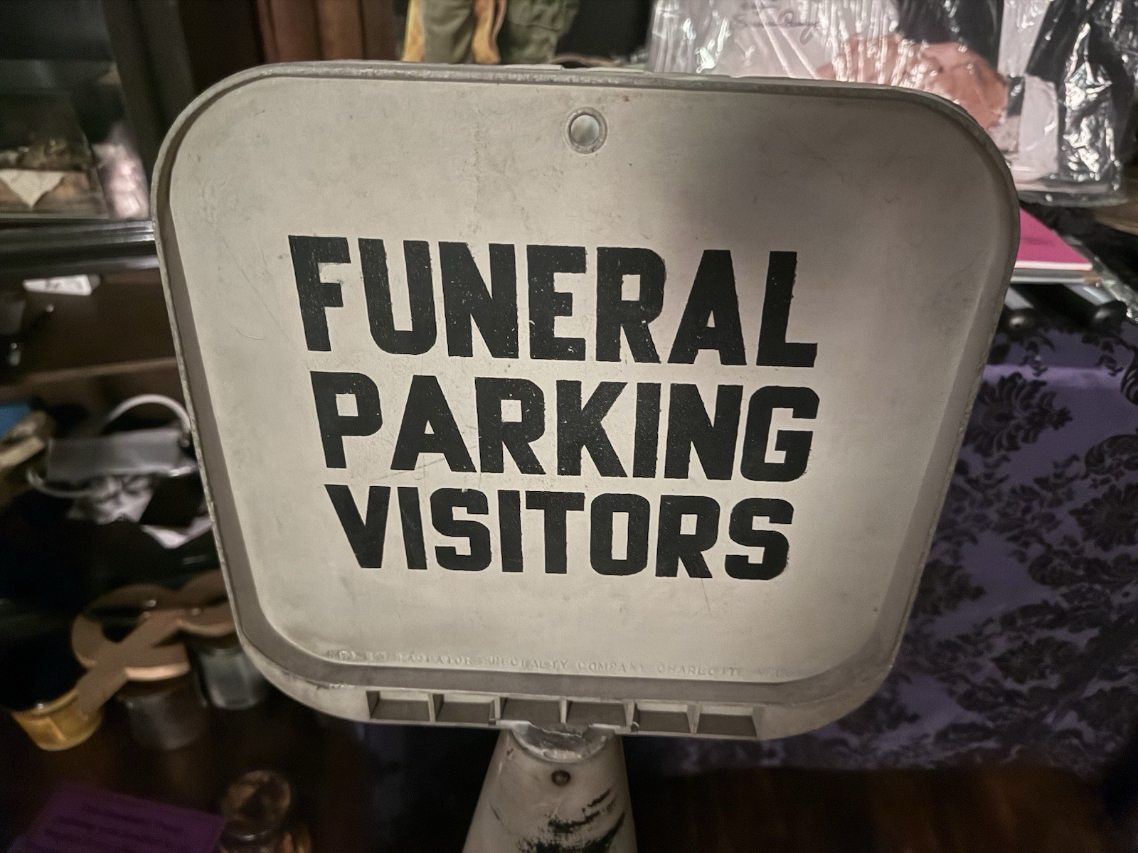 Vintage Funeral Parking Visitors Sign White Rubber Traffic Cone Mortuary Oddity