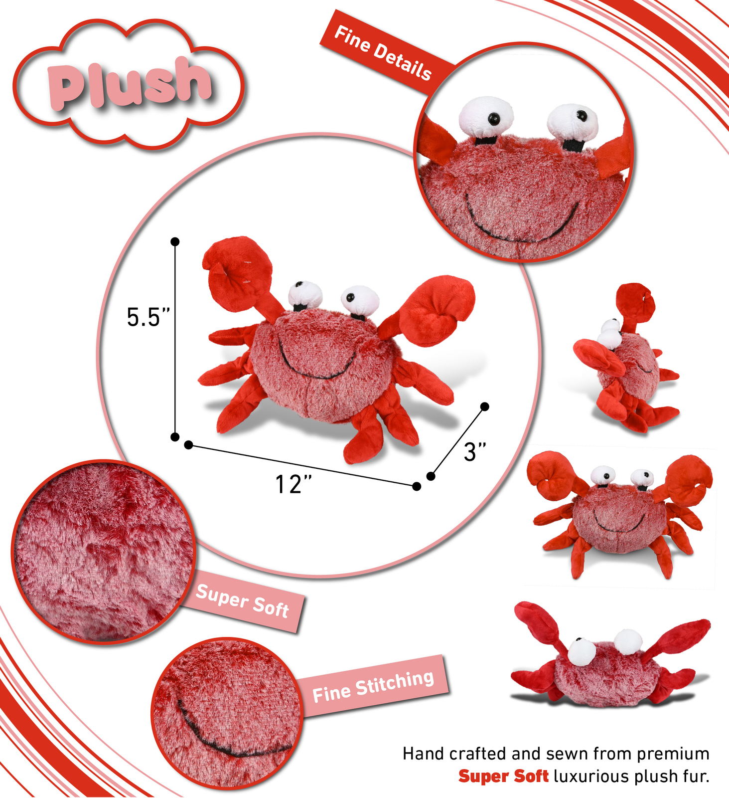 Puzzled Plush Crab Stuffed Animal – Soft Fur Red Crab Stuffed Toy – 12 Inch