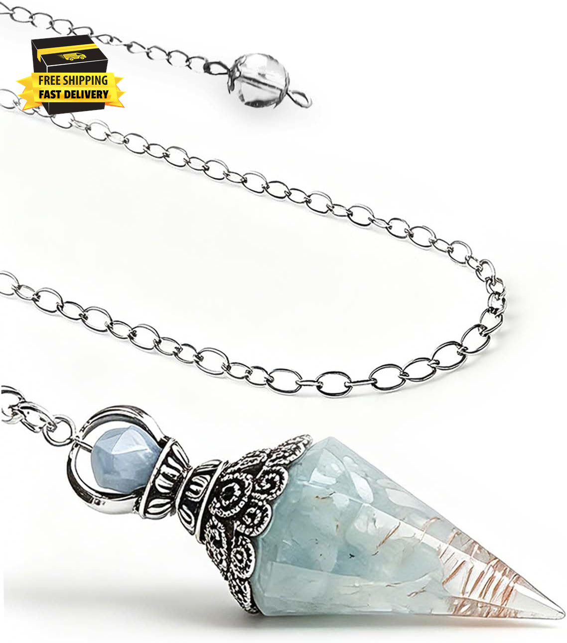 Crystal Copper Pendulum for Divination Real Crystal Chips, Natural Aquamarine Cr