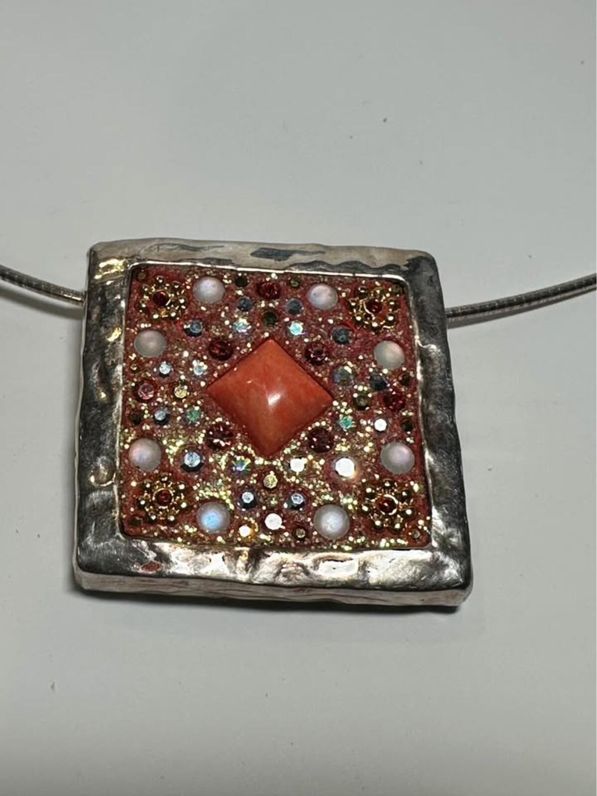 Designer Orit Schatzman Sterling Silver Coral Gemstone Pendant Necklace OS 925