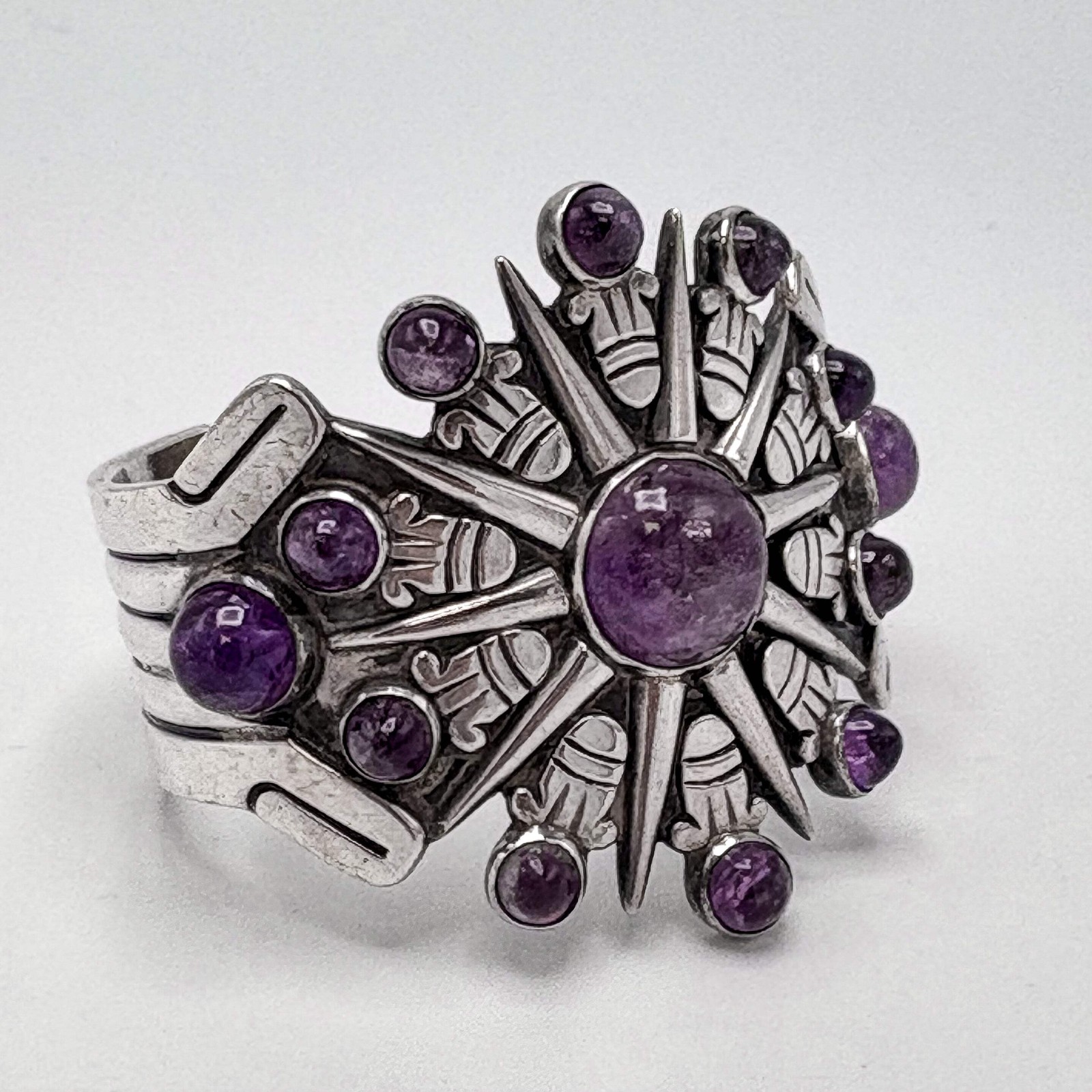 Estate Sterling Silver William Spratling Aztec Sunburst Cuff Bracelet with Ameth