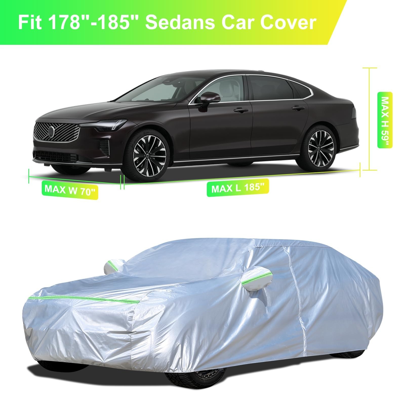 Sedan Car Cover (178-185 inches) – Universal Fit, Waterproof, Dupont Oxford, …