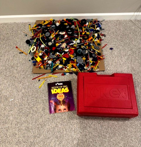 K’NEX VINTAGE RED CASE LOT W/ BOOK OF BIG IDEAS & 8 1/2 POUNDS OF PIECES