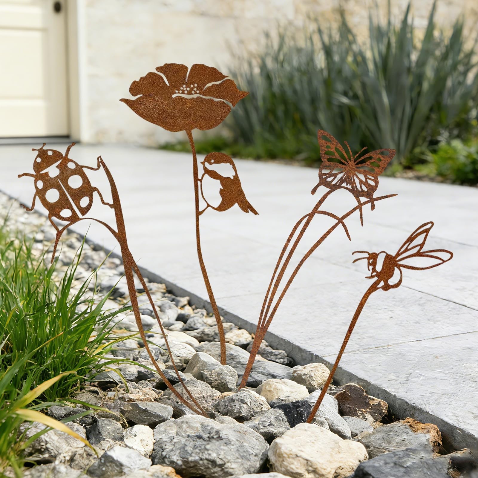 4-Pack Metal Garden Stakes Outdoor Decor, Vintage Rust Patina Bird Bee Butter…