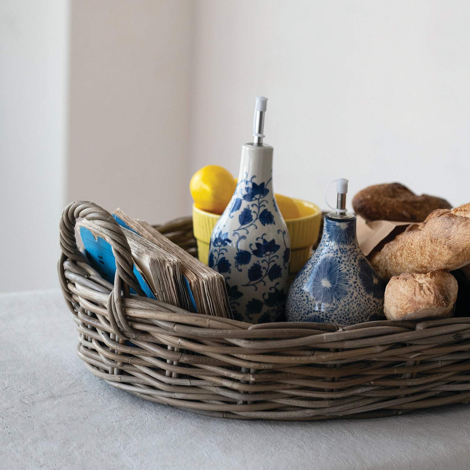 Grey Washed Rattan Serving Tray with Handles