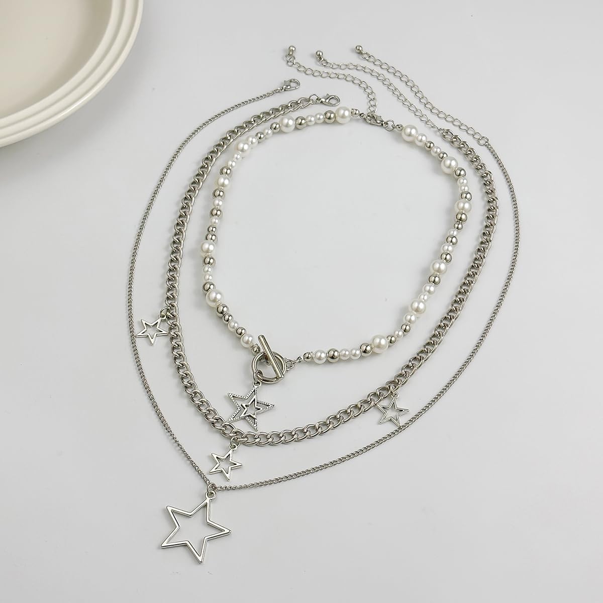 Inactwin Star Y2k Silver Necklace Grunge Layered 15.7 inches, 3pc -2